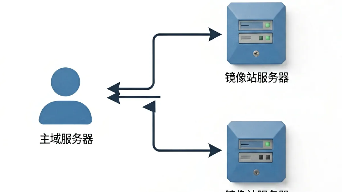 caoliu社区镜像站与主域并行运行的网络拓扑示意，展示双线路访问分流结构